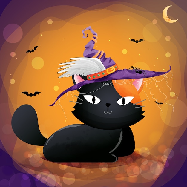 ハロウィンの日に黒い猫のキャラクター プレミアムベクター