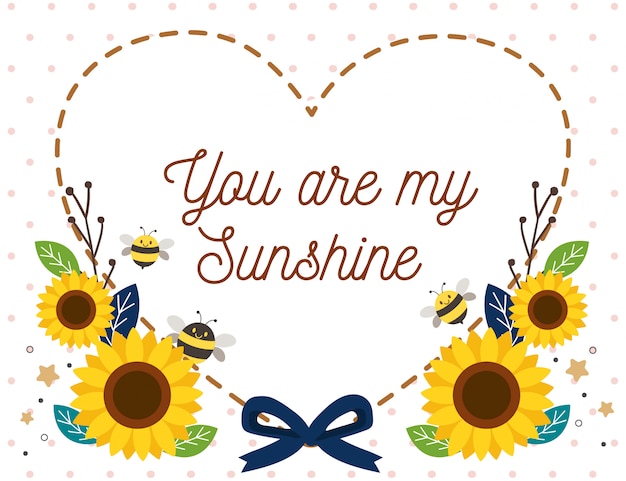 かわいいミツバチとひまわりと破線のキャラクターは 白い背景 にハートとリボンのように見えます あなたのテキストは私の太陽です フラットスタイルのかわいい蜂のキャラクター プレミアムベクター