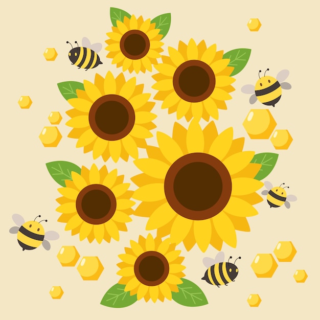黄色のヒマワリの周りを飛んでいるかわいい蜂のキャラクター プレミアムベクター