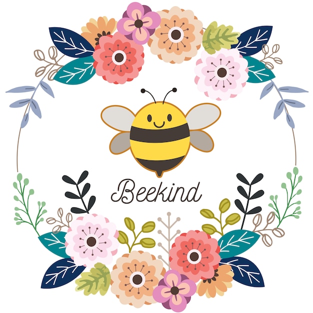 フラットなスタイルに花の花輪をかぶったかわいい蜂のキャラクター イラスト プレミアムベクター