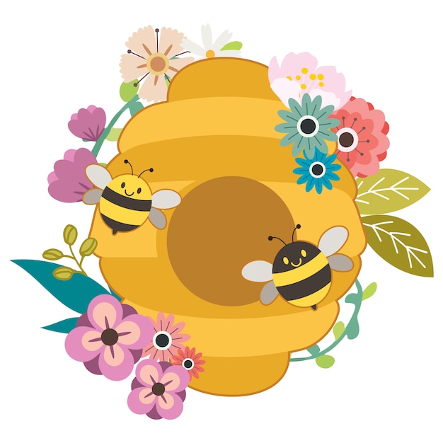 可愛い蜂と黄色い蜂の巣箱と花のキャラクター プレミアムベクター