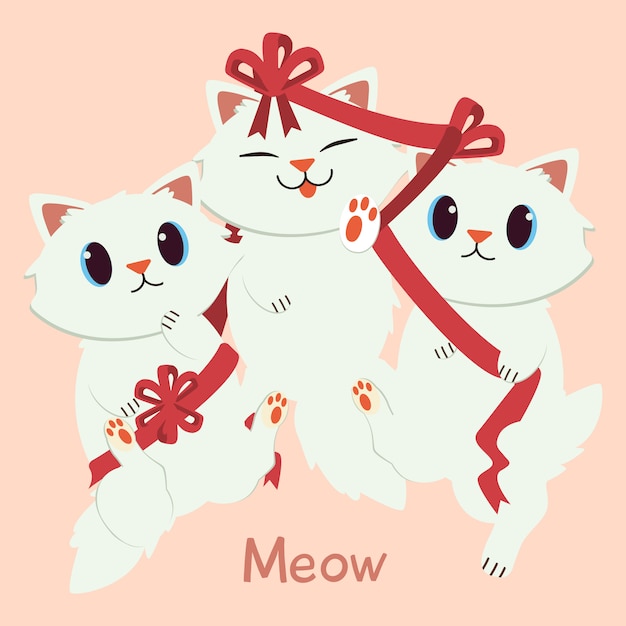 赤いリボンで遊ぶかわいい猫と友達のキャラクター プレミアムベクター