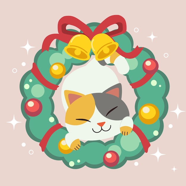 かわいい猫のキャラクターがクリスマスリースをガープします クリスマスリースにはベルとリボンとボールがあります フラットベクトルスタイルのかわいい猫の キャラクター プレミアムベクター