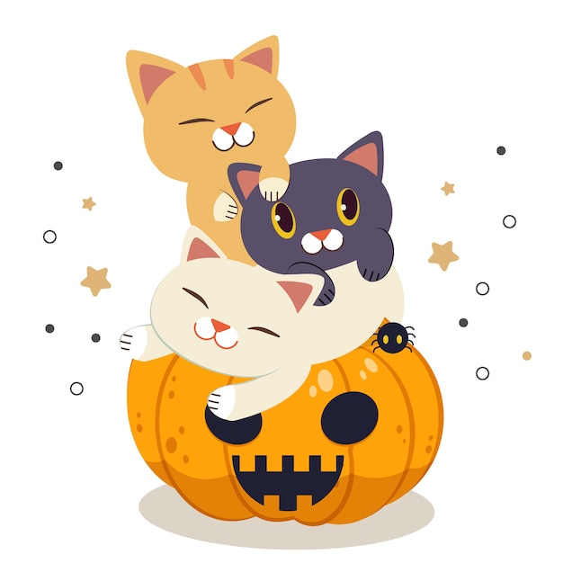 かわいい猫のキャラクターがフラットスタイルのハロウィンかぼちゃで遊んで寝ます ハロウィーンパーティーのイラスト プレミアムベクター