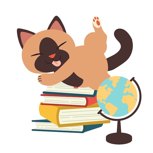 本の山で遊ぶかわいい猫のキャラクター 学校に戻ることや読書が好きなことについてのイラスト プレミアムベクター