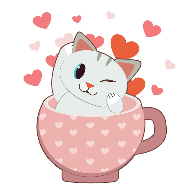 ピンクのカップに心を込めて座っているかわいい猫のキャラクター プレミアムベクター