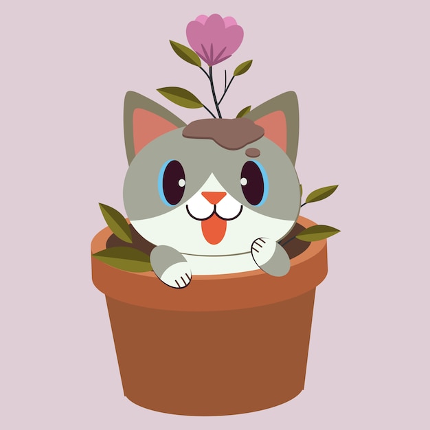 紫色の背景に花と植木鉢に座っているかわいい猫のキャラクター 植木鉢で花と遊ぶかわいい猫 フラットスタイルのかわいい猫のキャラクター プレミアムベクター