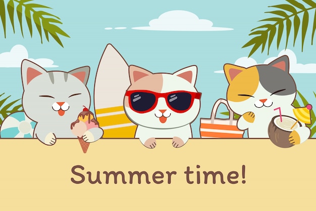 夏のビーチパーティーで友達とかわいい猫のキャラクター アイスクリームとココナッツを持ったかわいい猫は サングラス をかけています フラットスタイルのかわいい猫のキャラクター プレミアムベクター