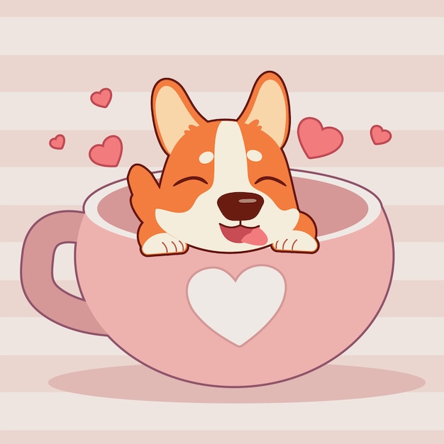 ピンクのハートとピンクの背景を持つ大きなカップに座っているかわいいコーギー犬のキャラクター プレミアムベクター