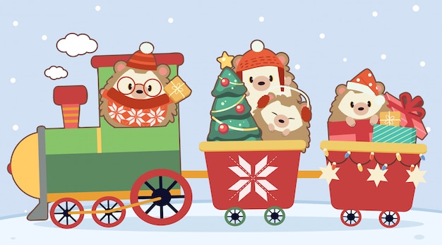 ブルーのクリスマス電車でかわいいハリネズミのキャラクター プレミアムベクター