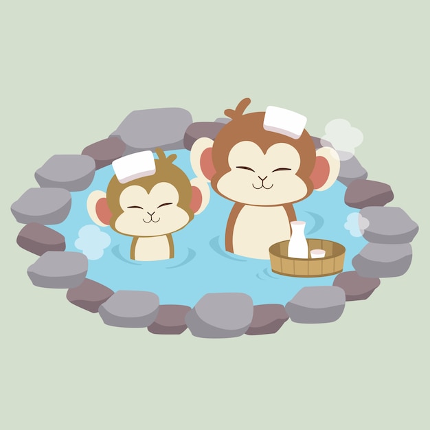 かわいい猿のキャラクターが日本の温泉風呂に入る プレミアムベクター