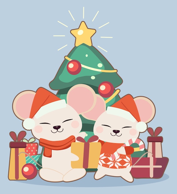 ギフトボックスと青色の背景にクリスマスツリーのかわいいマウスのキャラクター プレミアムベクター