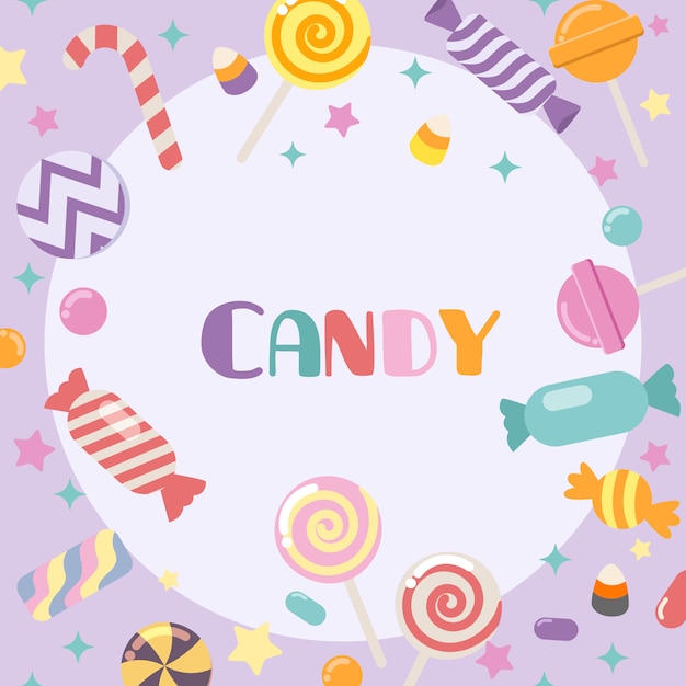 プレミアムベクター 紫色の背景でかわいいキャンディーのコレクション フラットスタイルのかわいいキャンディのfre