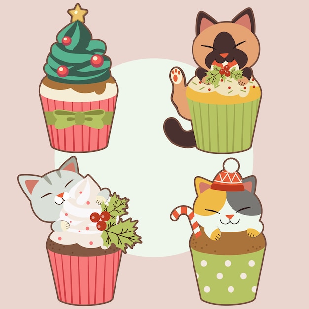 クリスマスをテーマにしたカップケーキとかわいい猫のコレクション クリスマスをテーマにしたカップケーキとかわいい猫のキャラクター カップケーキは クリスマスツリーと星とヒイラギの葉とキャンディのようなクリーム色の外観を持っています プレミアムベクター
