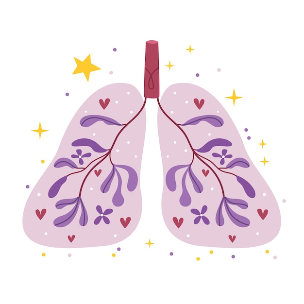 健康な肺の概念 肺の背景に紫色の花が咲きます かわいいポスター 簡単なイラスト プレミアムベクター