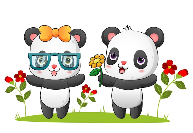 幸せなパンダのカップルが友達にひまわりをあげているイラスト プレミアムベクター