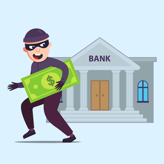 お金を持つ犯罪者は 強盗した銀行を使い果たします フラットキャライラスト プレミアムベクター