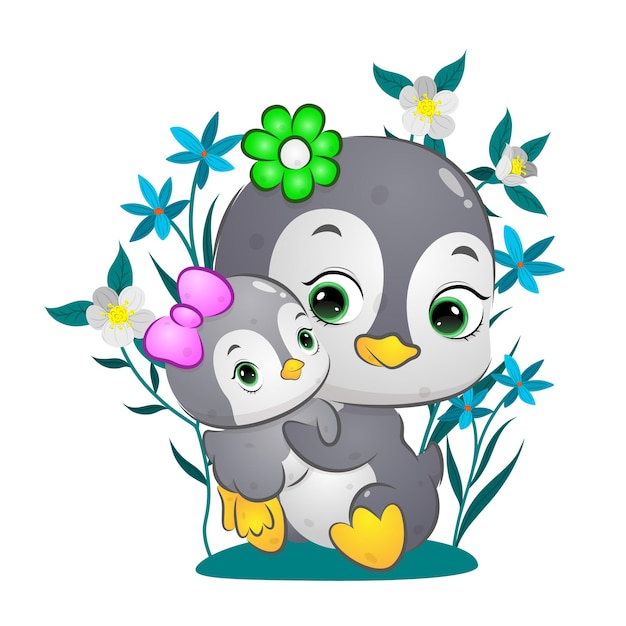 かわいい幸せなペンギンは イラストの花の背景で赤ちゃんを持ち上げています プレミアムベクター