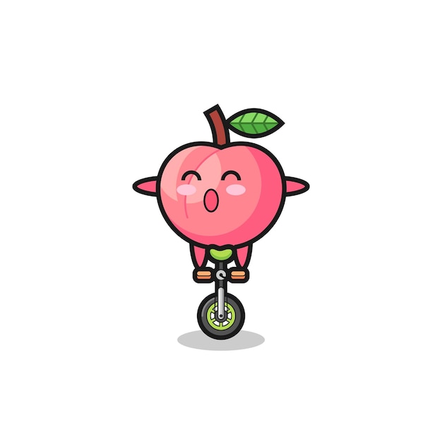 かわいい桃のキャラクターがサーカスの自転車に乗っている Tシャツ ステッカー ロゴ要素のかわいいスタイルのデザイン プレミアムベクター