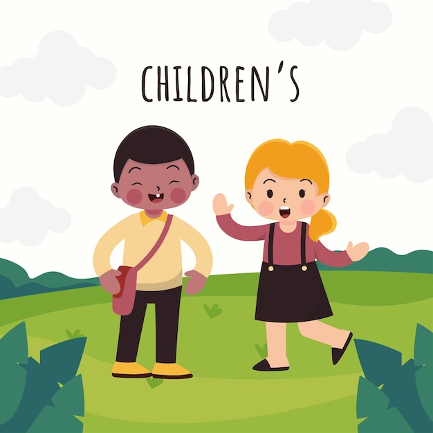 民族の多様性の男の子と女の子は 漫画のキャラクター 孤立したイラスト 子供の日のコンセプトで公園で遊んでいる友達です 無料のベクター