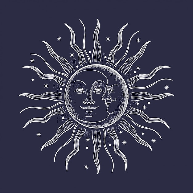 太陽と月の顔 プレミアムベクター