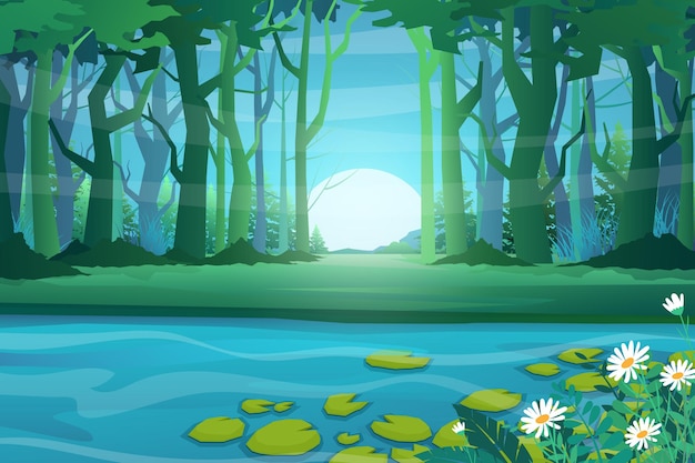 蓮の森と大きな池 自然シーン漫画風イラスト 無料のベクター