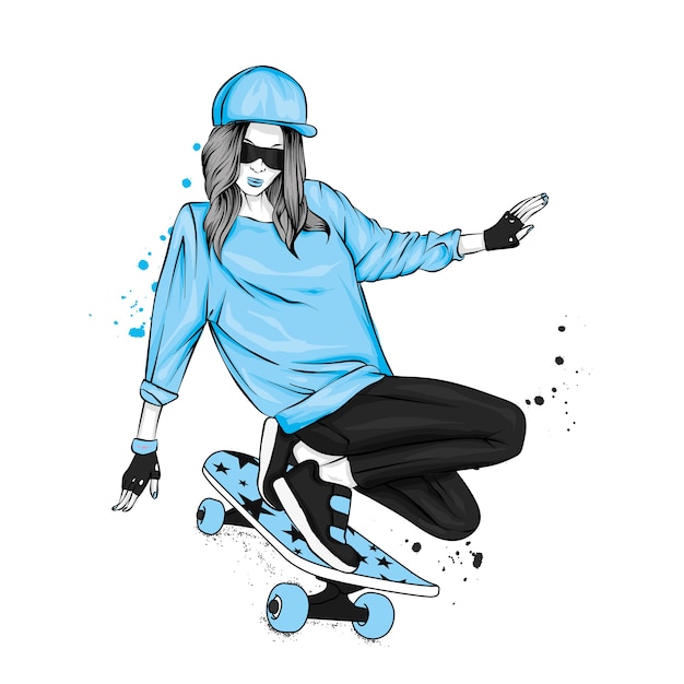 スケートボードの女の子 ベクトルイラスト プレミアムベクター