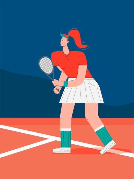 女の子はテニスをします コンセプトイラストを行使するスポーツマン トレーニング テニス ラケットを持ったテニスプレーヤー フラットスタイルのベクトル プレミアムベクター