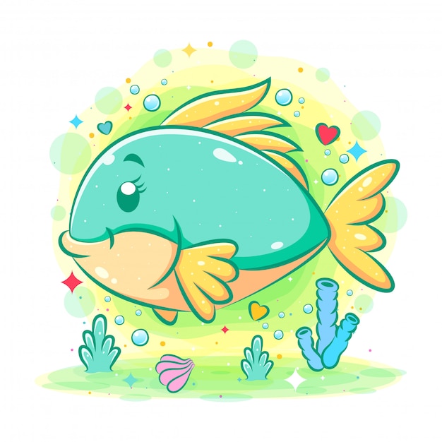 イラストの海の下を緑のかわいい魚が泳ぐ プレミアムベクター