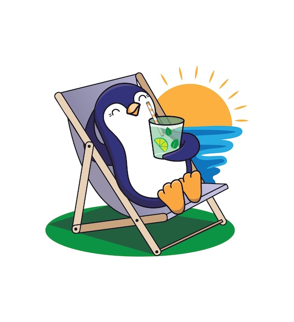 夏のデザインの動物のイラスト ペンギンは太陽の近くのビーチで日光浴をし カクテルを飲みます プレミアムベクター