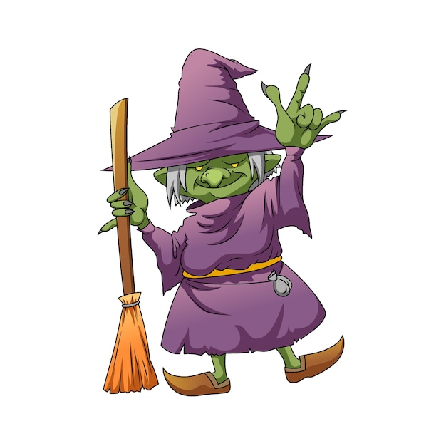 長い爪と紫色の衣装で魔法のほうきを使用して緑のエルフの魔女のイラスト プレミアムベクター