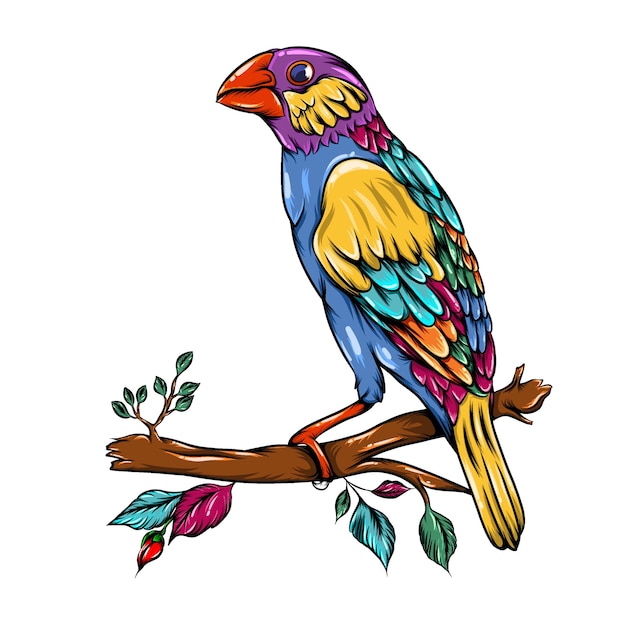 虹の体と赤いくちばしを持つ文鳥の鳥zentangleのイラストは木の枝にあります プレミアムベクター
