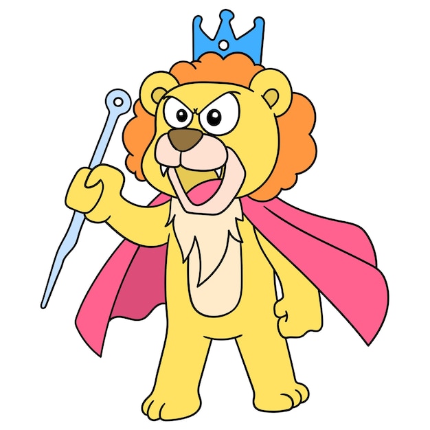 王冠をかぶったライオンキングが怒ったスピーチをしていて キャラクターがかわいい落書きを描いていました ベクトルイラスト プレミアムベクター
