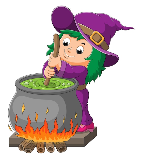 小さな魔女の女の子がイラストの鍋にポーションを混ぜています プレミアムベクター