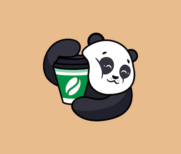 コーヒーとロゴの面白いパンダ 食品ロゴタイプ かわいい動物 プレミアムベクター