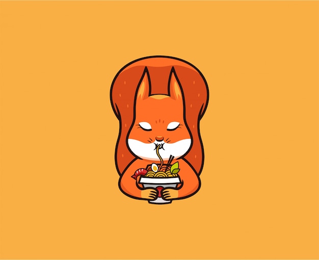 ロゴ面白いリスが麺を食べます 食品ロゴ かわいい動物 漫画のキャラクター プレミアムベクター