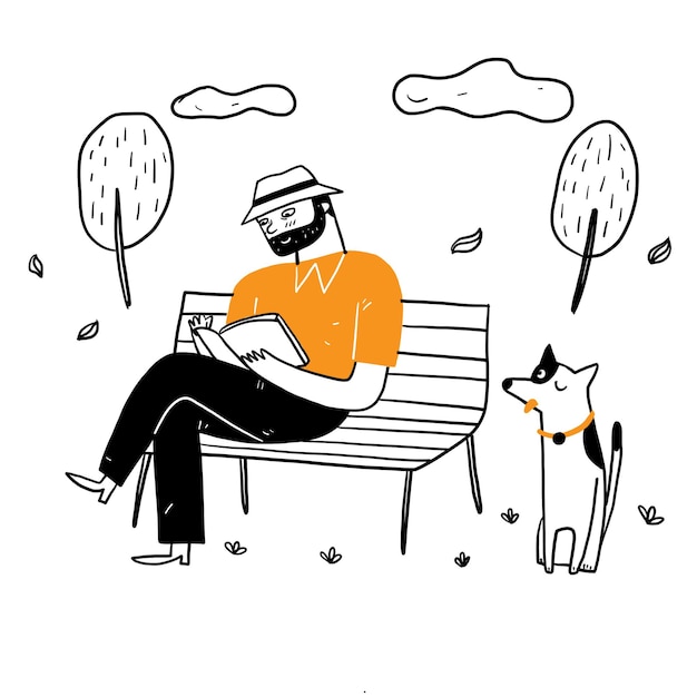 公園の椅子に座って本を読んでいる老人は 犬と一緒にリラックスした 手描きベクトルイラスト落書きスタイル 無料のベクター