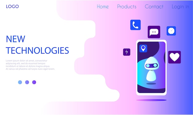 さまざまなアプリケーションからのアイコンが表示された電話の画面上のロボット ランディングページテンプレート プレミアムベクター