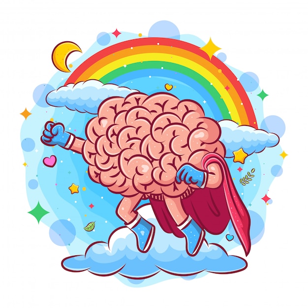 超大脳がイラストの虹の下で空を飛ぶ プレミアムベクター