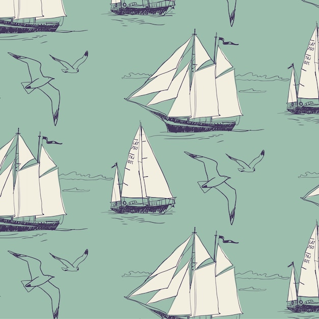 The yacht sail the ocean. Seamless pattern