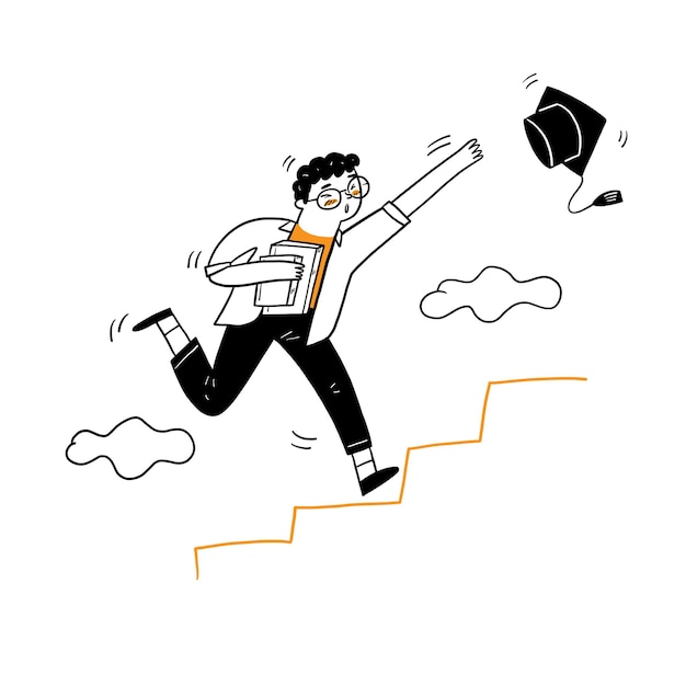 卒業帽をつかむために階段に駆け上がる若い男 ベクトルイラスト漫画落書きスタイル 無料のベクター