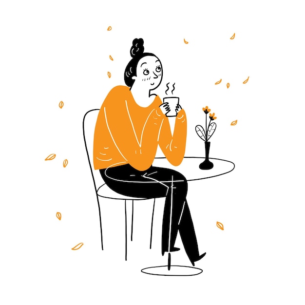 コーヒーを飲みながらカフェをリラックスして若いきれいな女性 ベクトルイラスト漫画落書きスタイル プレミアムベクター