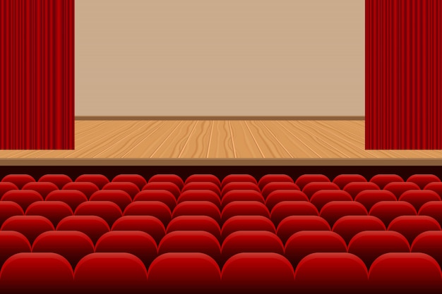 赤い座席と木製ステージイラストの行を持つ劇場ホール プレミアムベクター