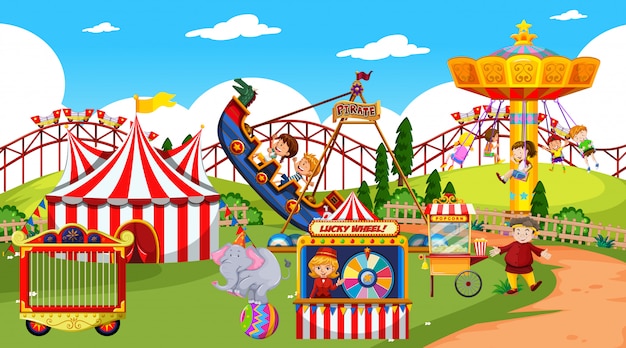 Free Vector | Themepark scene with many rides and happy children