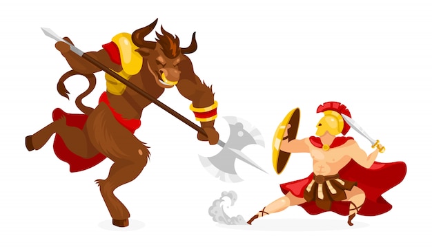 テセウスとミノタウロスのイラスト ギリシャ神話 古代の物語と伝説 神話上の生き物と戦うヒーロー 白い背景の上の剣の漫画のキャラクターと戦士 プレミアムベクター
