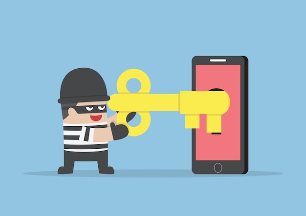 Thief or hacker hacking smartphone by key Premium Vector