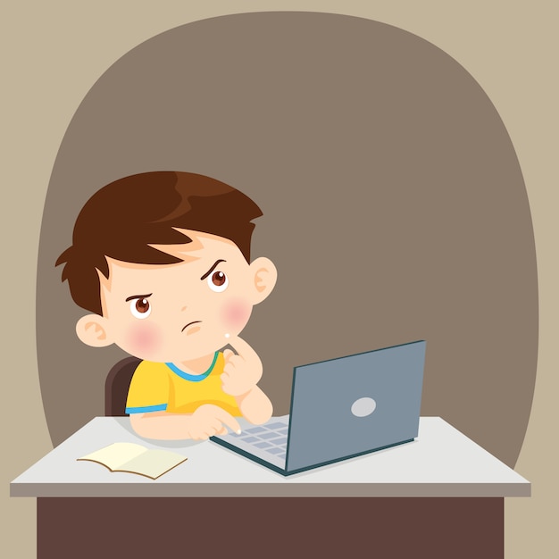 Premium Vector | Thinking child students boy thinking with laptop