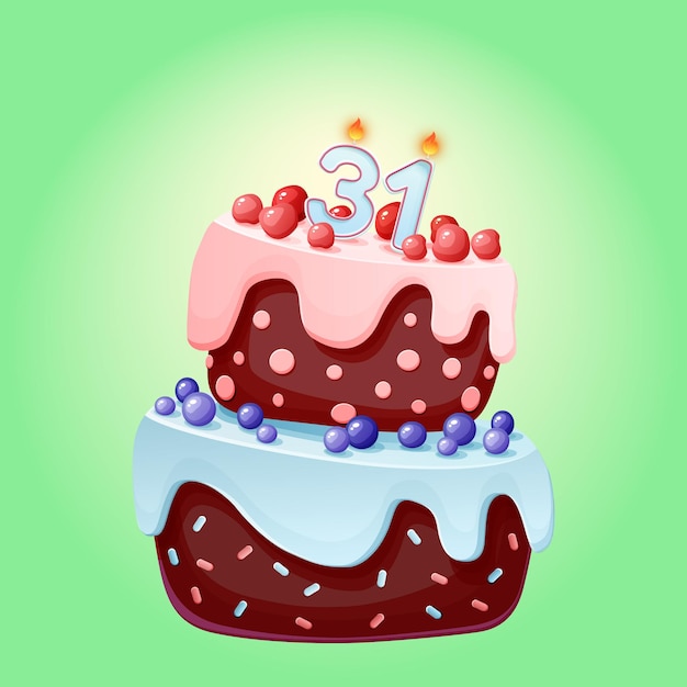 キャンドルと31歳の誕生日ケーキ ベリー チェリー ブルーベリーのチョコレートビスケット お誕生日おめでとうイラスト プレミアムベクター