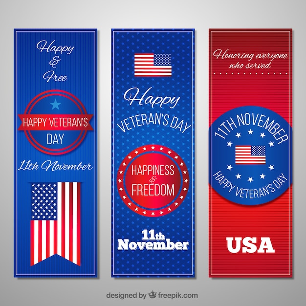 Three banners with the colors of the united
states for veterans day
