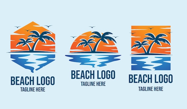 Premium Vector Three Beach Logos With Palm Trees In The Sunset By The Sea Illustration On Light Blue Background